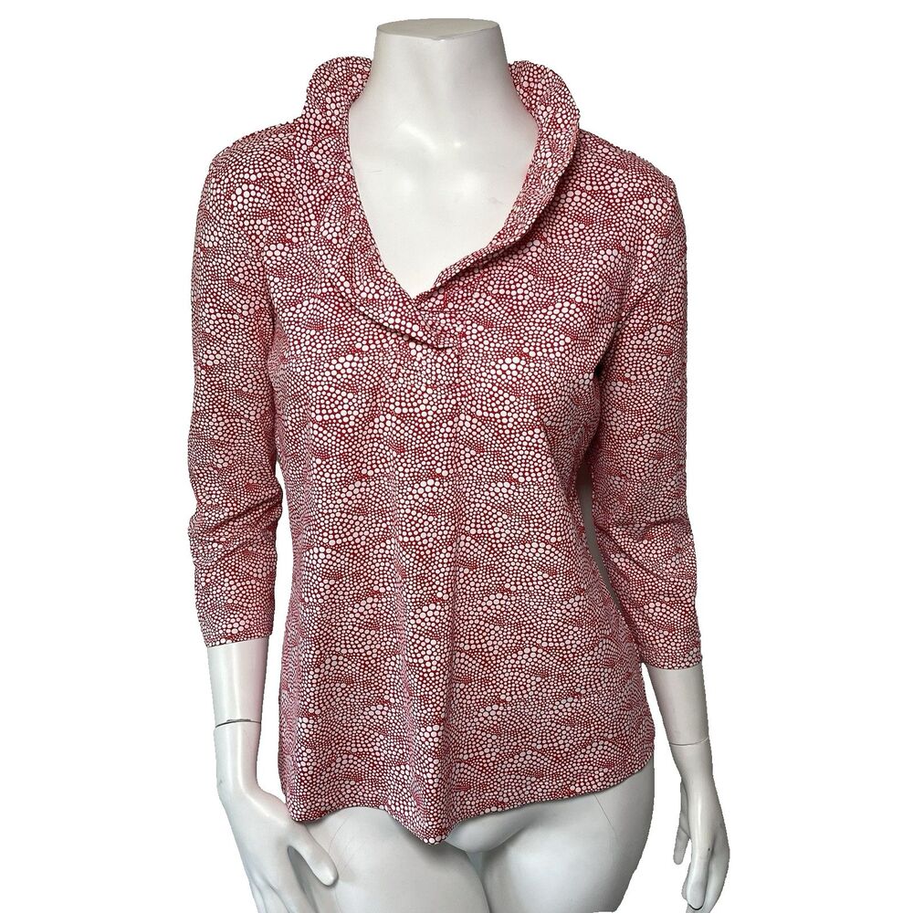 J. McLaughlin 3/4 Sleeve Durham Top Ruffle Neck Catalina Cloth Red White M